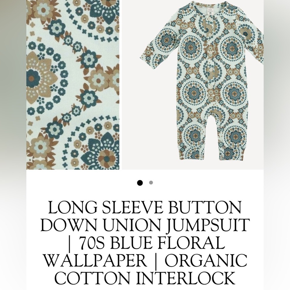 Long sleeve button down union suit jumpsuit outfit romper blue floral wallpaper